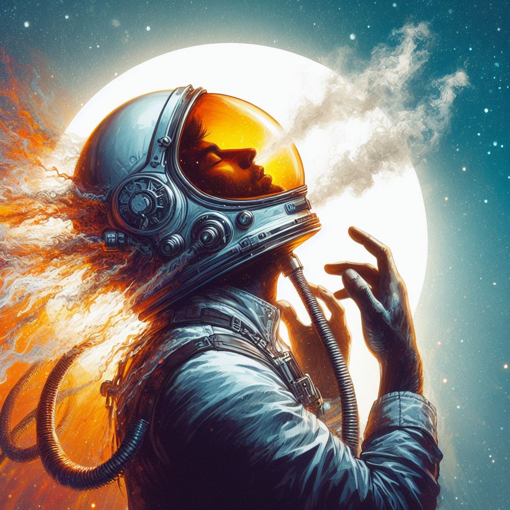 Digital art of a man wearing a space helmet breathing in dirty air.