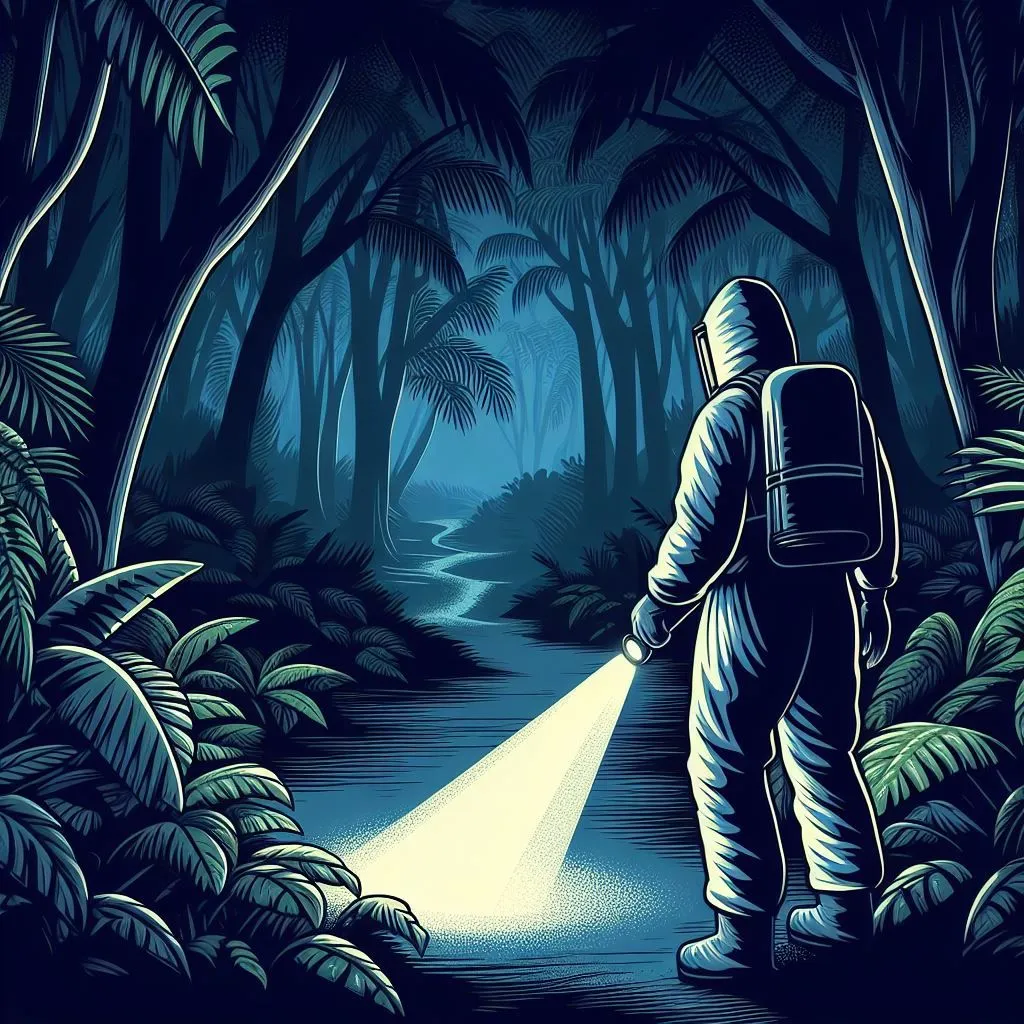 Illustration of a man in a hazmat suit walking down a dark trail.