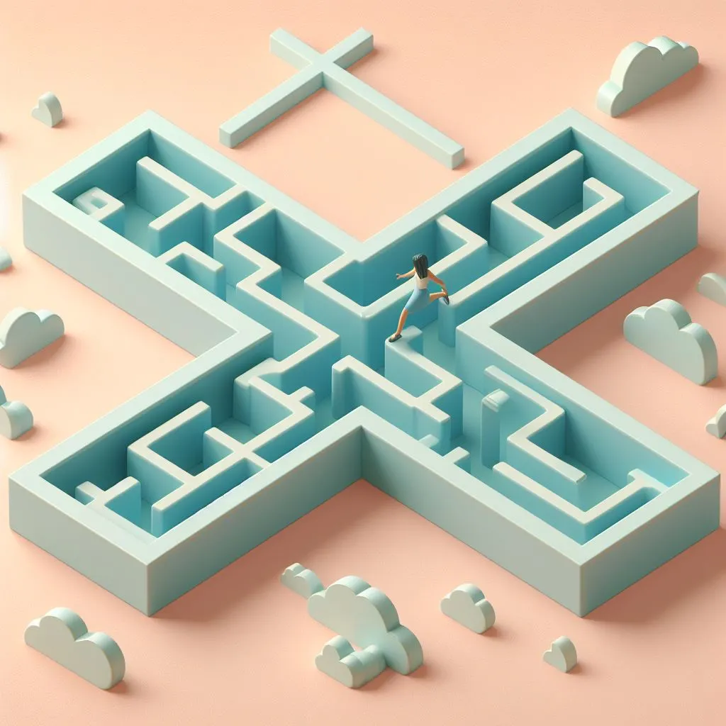Illustration of a woman finding her way out of an X-shaped maze.