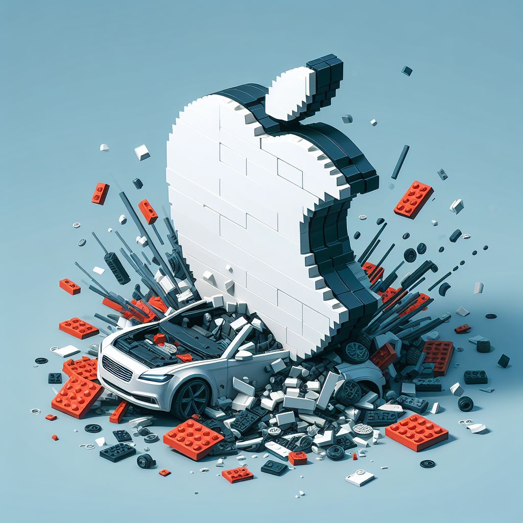 Illustration of a car being crushed under the Apple logo.