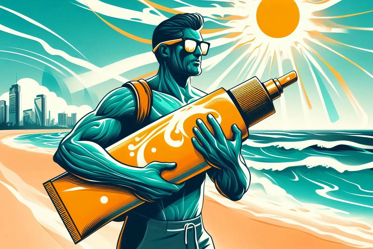 Digital art of a man carrying a large sunscreen while on a sunny beach.